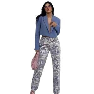 Zara Blue Jacket with Black and White Patterned Straight Leg Jeans